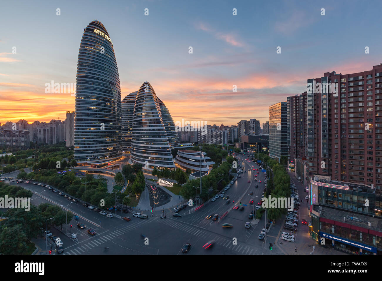 Beijing Wangjing SOHO Sonnenuntergang Stockfoto