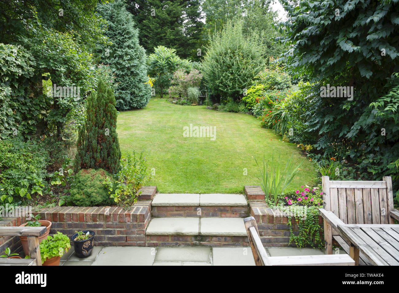 Auf dem terrassenförmig angelegten Garten in England Großbritannien mit Terrasse, Gras und Stone Steps Stockfoto