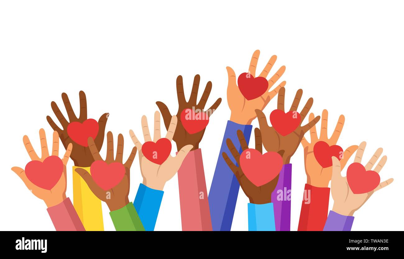 Freiwillige spende Flachbild Vector Illustration. Freiwilligen, sozialen Arbeitnehmer mit Herzen in Palmen. Kinder anheben. Multiethnische Gesellschaft Einheit Stock Vektor