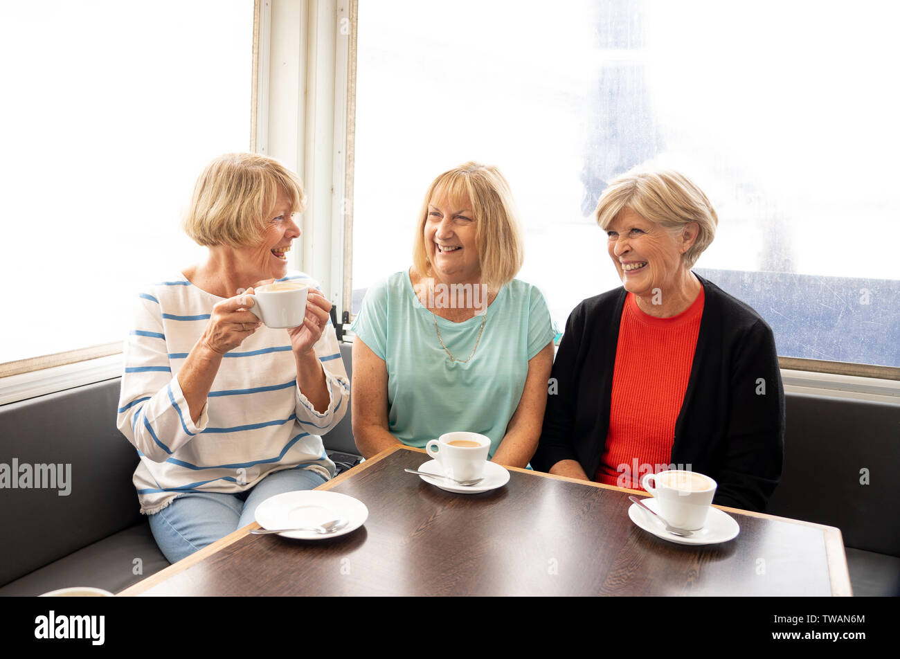 Freudige ältere Freunde in Tee oder Kaffee zusammen. Ältere Freundinnen plaudern, lachen und Spaß haben im Coffeeshop in Bleiben Sie aktiv im Ruhestand Stockfoto