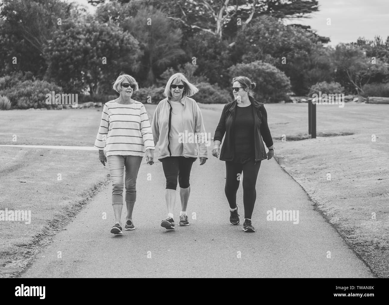 Schöne Gruppe von drei älteren Reifen pensionierte Frauen auf ihrem 60s Wandern in Sportkleidung täglichen Übungsprogramm zusammen tun in Menschen weiblichen Freundschaft Stockfoto