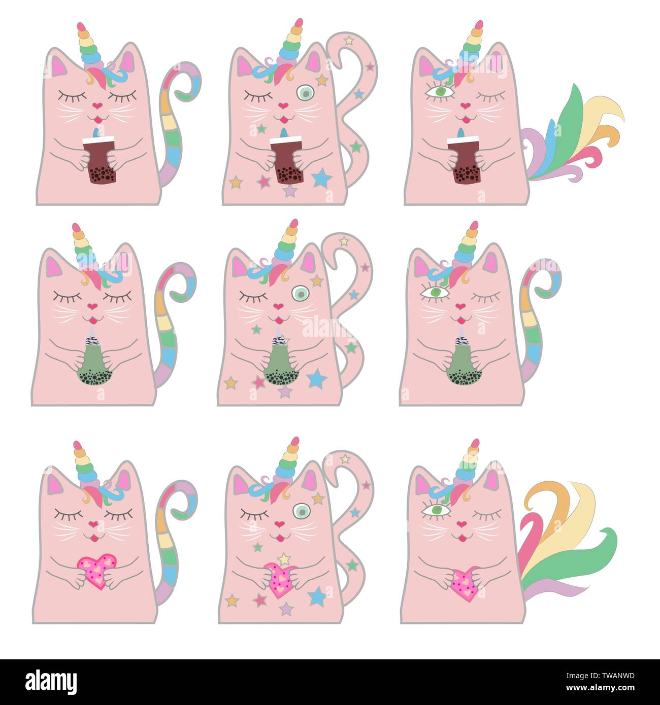 Große lustige rosa Katze Einhorn. Konzept der Wunder und Magie. Stock Vektor