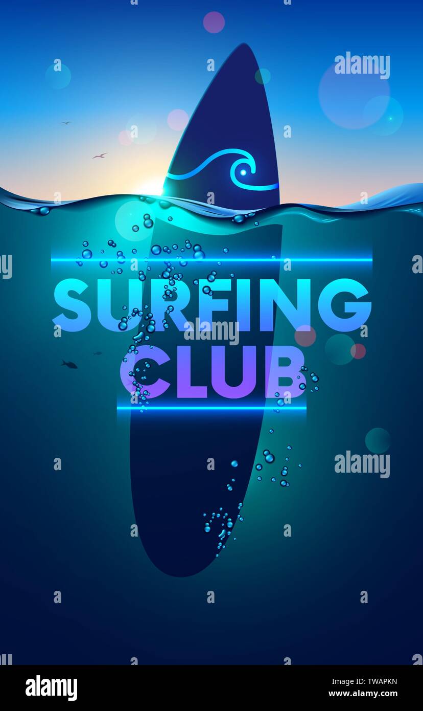 Surfen club vertikale Banner oder Hintergrund. Surfboard unter Wasser im Meer bei Sonnenuntergang. wave Wasserlinie und Blasen auf der Oberfläche des Ozeans. Neon Logo Surf Club Stock Vektor