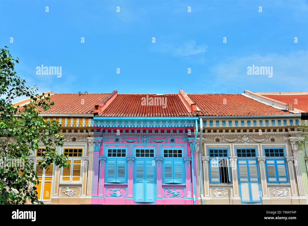 Vorderansicht des farbenfrohen traditionellen Singapur Peranakan oder Straits chinesischen Geschäftshaus in historischen Joo Chiat Ostküste gegen den blauen Himmel Stockfoto