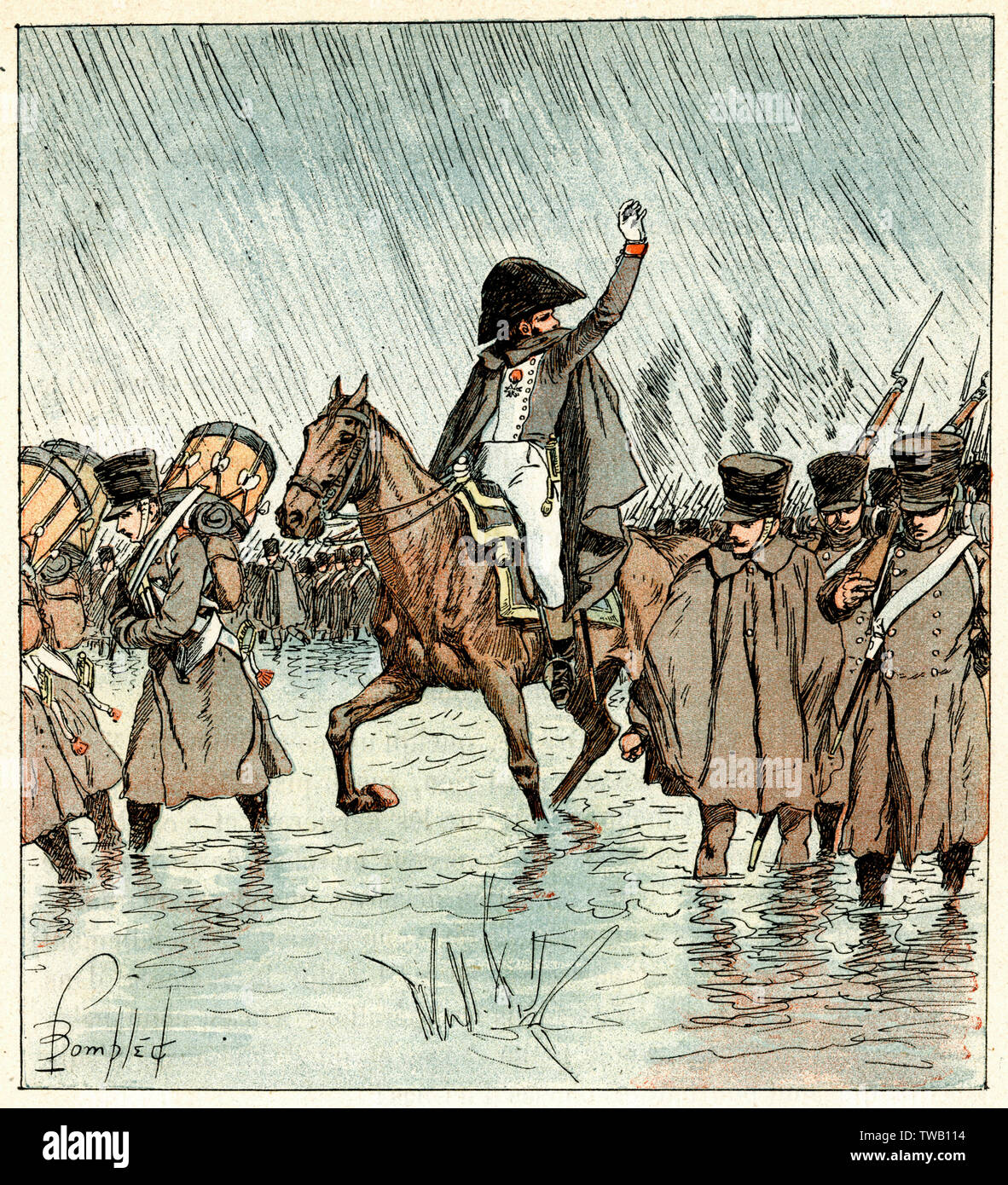 Französische Truppen marschieren im Regen Stockfoto