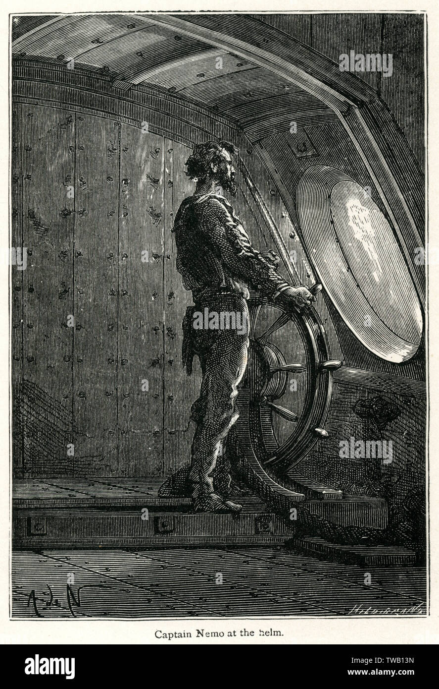 "20.000 LIEUES SOUS LES MERS" [ 20 000 Meilen unter dem Meer] Kapitän Nemo am Helm Datum: 1870 Stockfoto