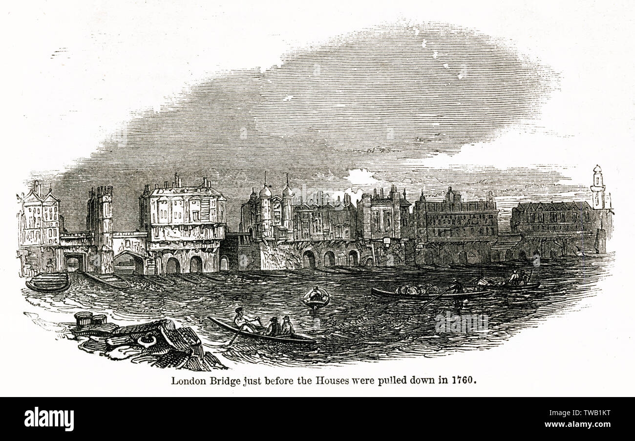 Alte London Bridge, kurz bevor die Häuser wurden in 1760 gezogen. Datum: 1750 Stockfoto