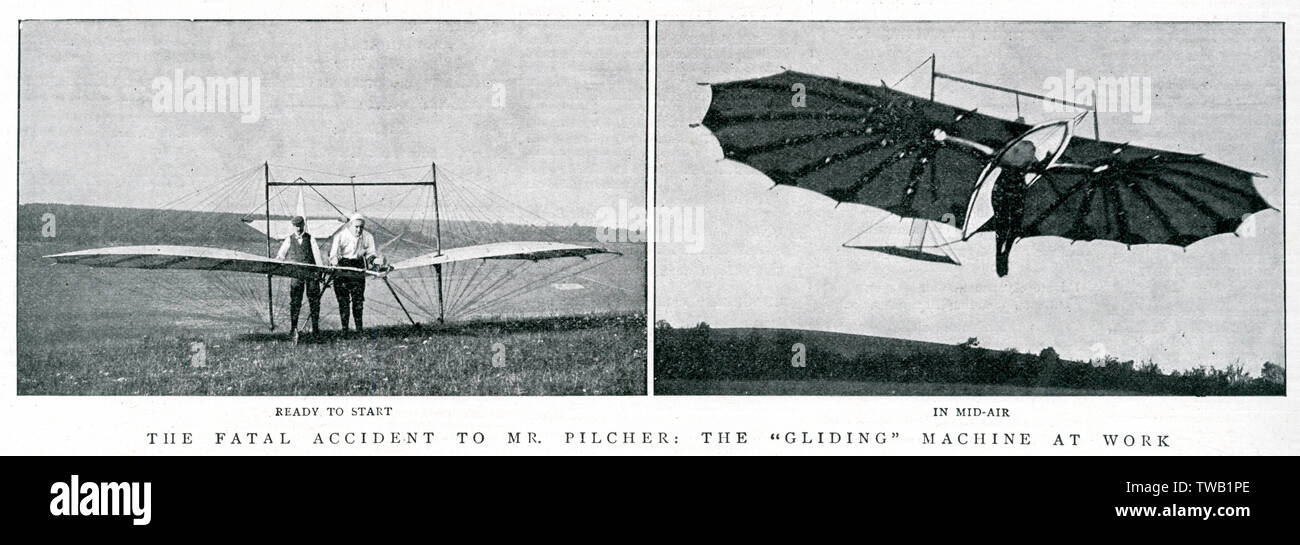 Fotografien Pilcher bereit zu beginnen und im Flug auf seiner Erfindung der 'Gleiten' Maschine. Am 30. September 1899, war das Wetter nass und stürmisch, nicht Zuschauer und potenziellen Sponsoren entschied er sich der Flug um 4:00 Uhr zu enttäuschen. Während fliegen, der Schwanz geschnappt und Pilcher stürzte 10 Meter (30 ft) auf den Boden, er starb zwei Tage später an seinen Verletzungen. Datum: 30 September 1899 Stockfoto