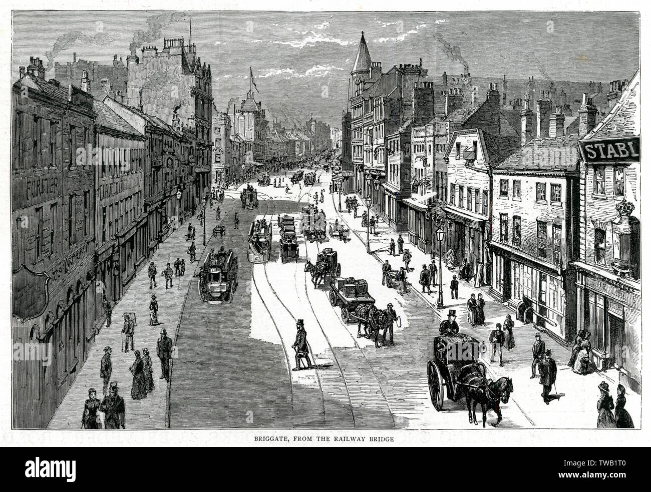 Briggate, breite Straße, die von Norden nach Süden durch das Stadtzentrum von Leeds. Datum: 1885 Stockfoto