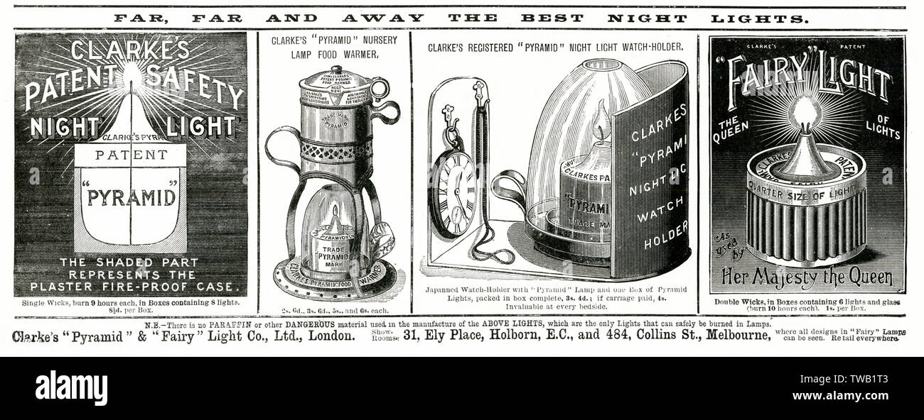 Anzeige für Clarke's Patent-Nachtlicht 1892 Stockfoto