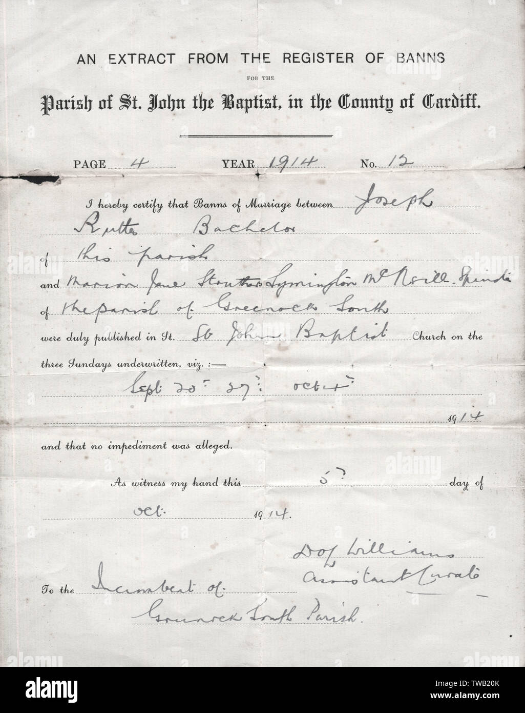 Register der Hochzeitsbanns, 1914 Stockfoto