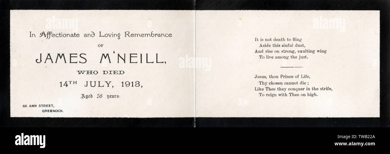 Das Innere eines schwarz-umrandete Trauer Karte im Viktorianischen Stil, Kennzeichnung der Tod von James McNeill von Greenock, Schottland, die am 14. Juli 1913 starb im Alter von 58 Jahren. Datum: Juli 1913 Stockfoto