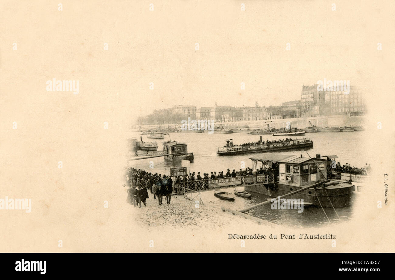 Sehr frühen bildnerischen Postkarte aus Paris, Frankreich - Debarcadere du Pont d'Austerlitz (Fähre Jetty/Kai der Austerlitz Brücke alongisde). Die einbootstelle für Charenton-le-Pont, eine Gemeinde im südöstlichen Vororten von Paris, Frankreich. Datum: ca. 1890 s Stockfoto