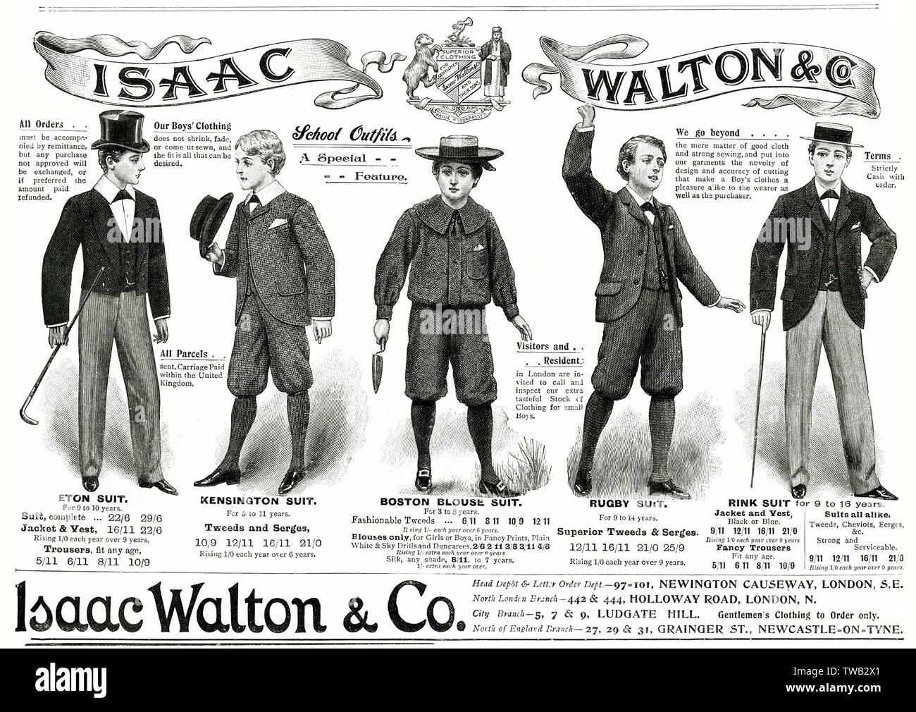 Anzeige für Isaac Walson Schulkleidung 1897 Stockfoto