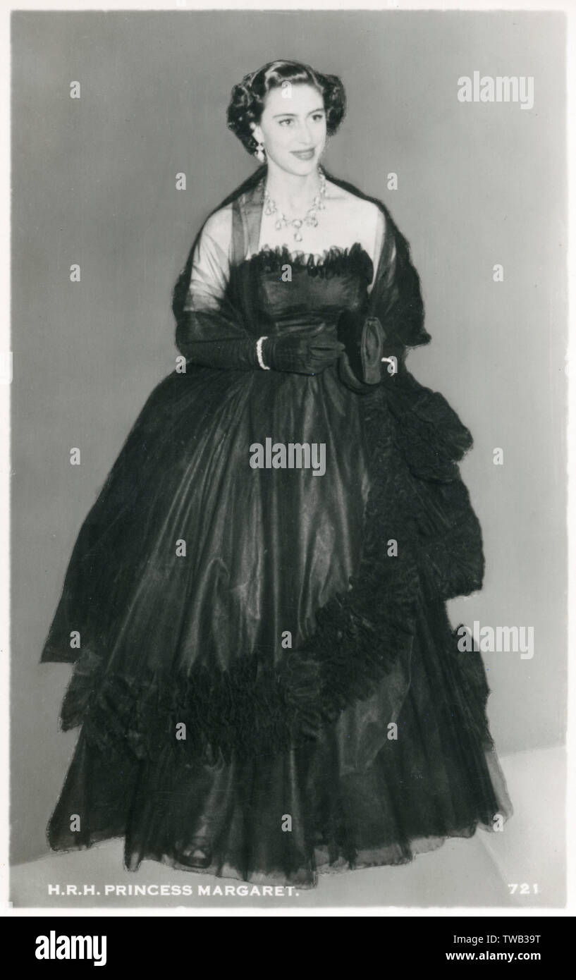 Prinzessin Margaret in einem schwarzen Dior Kleid. Datum: ca. 1952 Stockfoto
