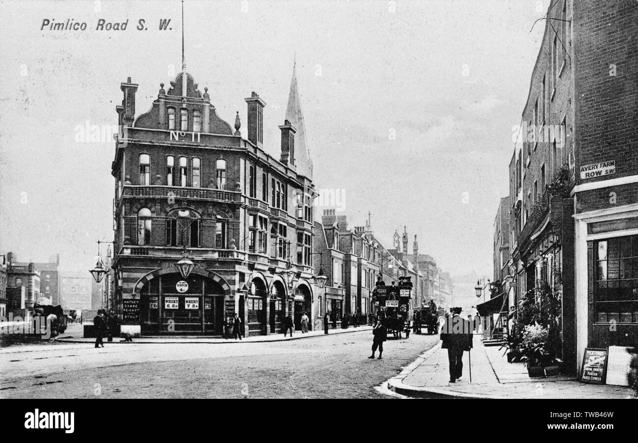 Pimlico Road, Belgravia, London, SW mit der Union im Bereich der öffentlichen Haus auf der linken Seite. Datum: ca. 1905 Stockfoto