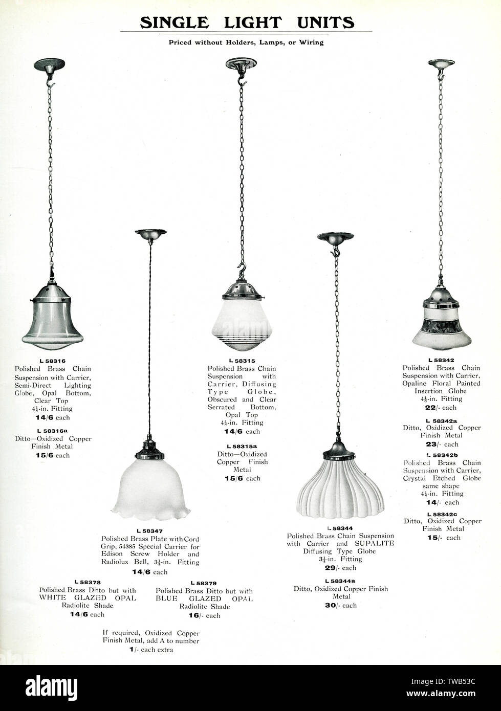 Katalog für elektrische Beleuchtungskörper, einzelne Lichteinheiten Stockfoto
