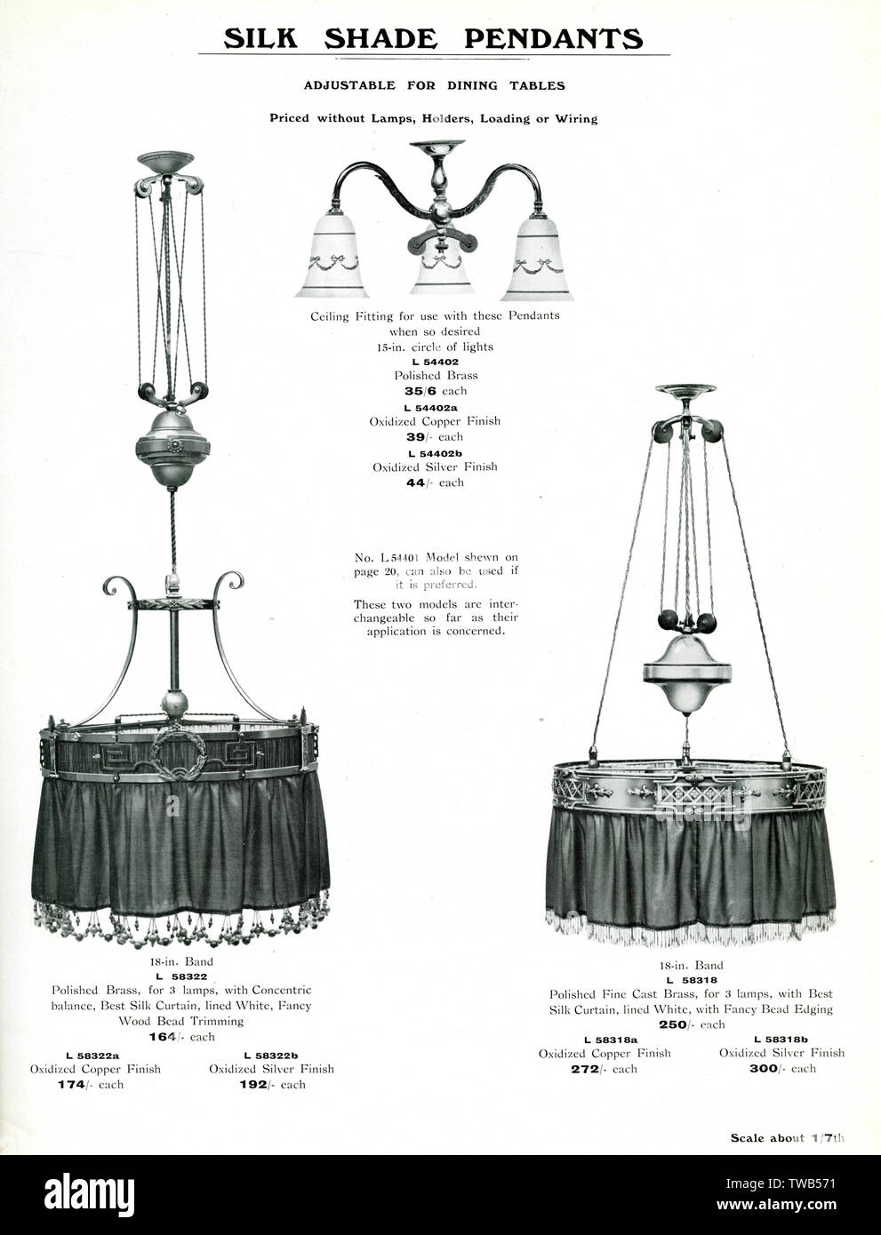 Elektrische Lampen Katalog, Seide Schatten Anhänger, mit Glas und Seide. Datum: 1922 Stockfoto