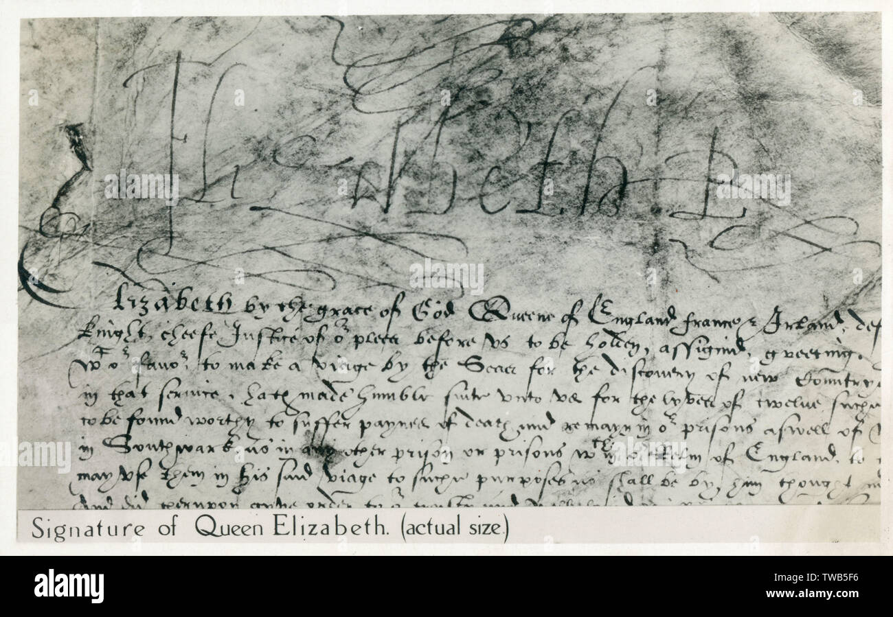 Die Unterschrift von Königin Elizabeth I. von England Stockfoto