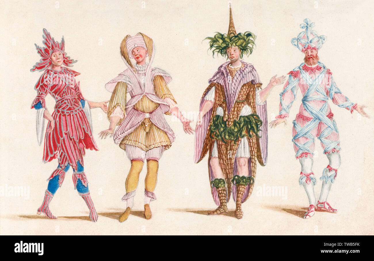 Vier Zeichen aus der Commedia dell'arte, eine improvisierte Art der populären Komödie im italienischen Theatern im 16. Jahrhundert, auf Lager Zeichen. Akteure angepasst ihren komischen Dialog und Aktion nach ein paar grundlegende Plots (allgemein Liebe, Intrigen) und zu aktuellen Themen. Datum: ca. 18. Stockfoto