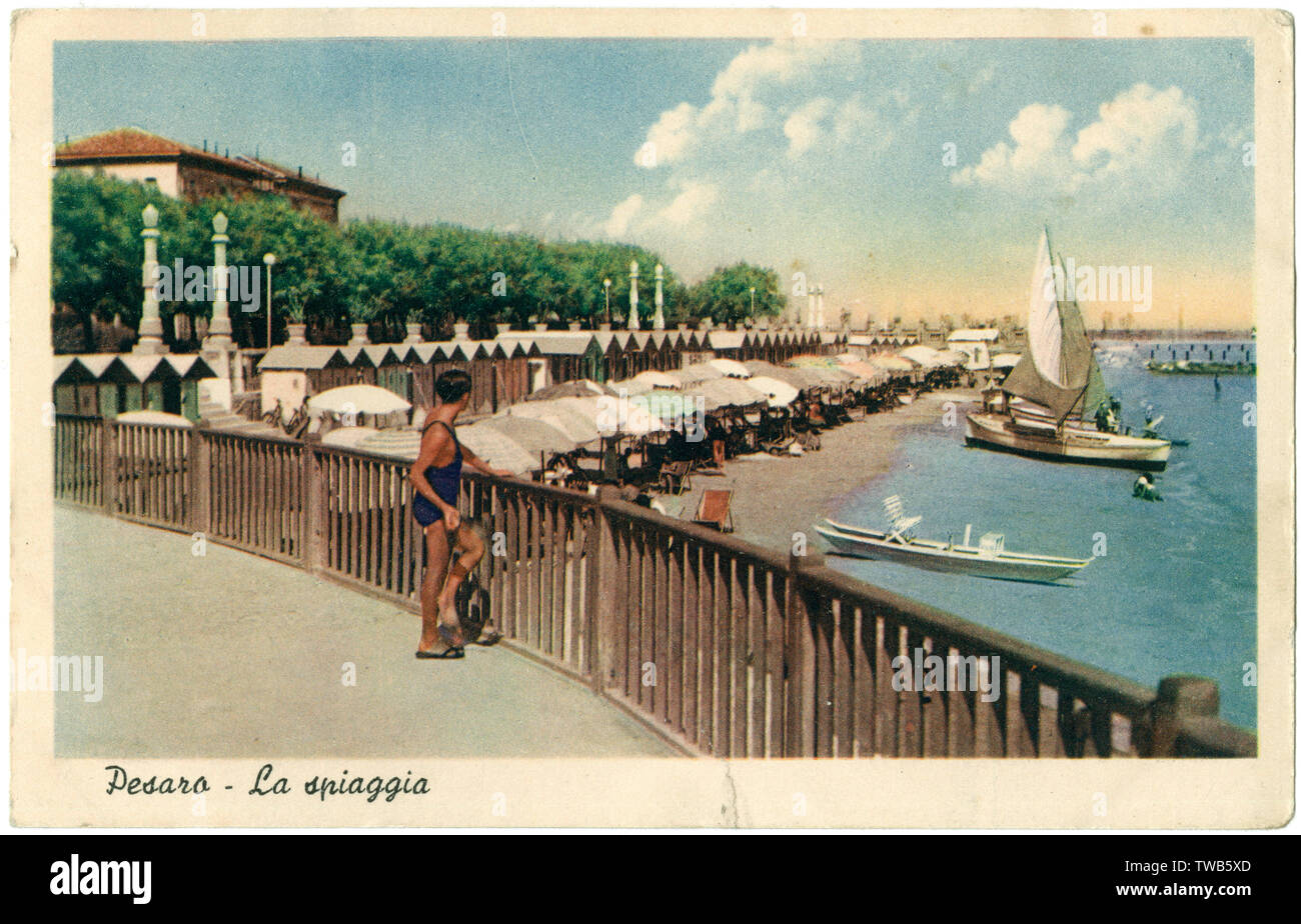 Blick auf den Strand und das Meer, Pesaro, Italien Stockfoto