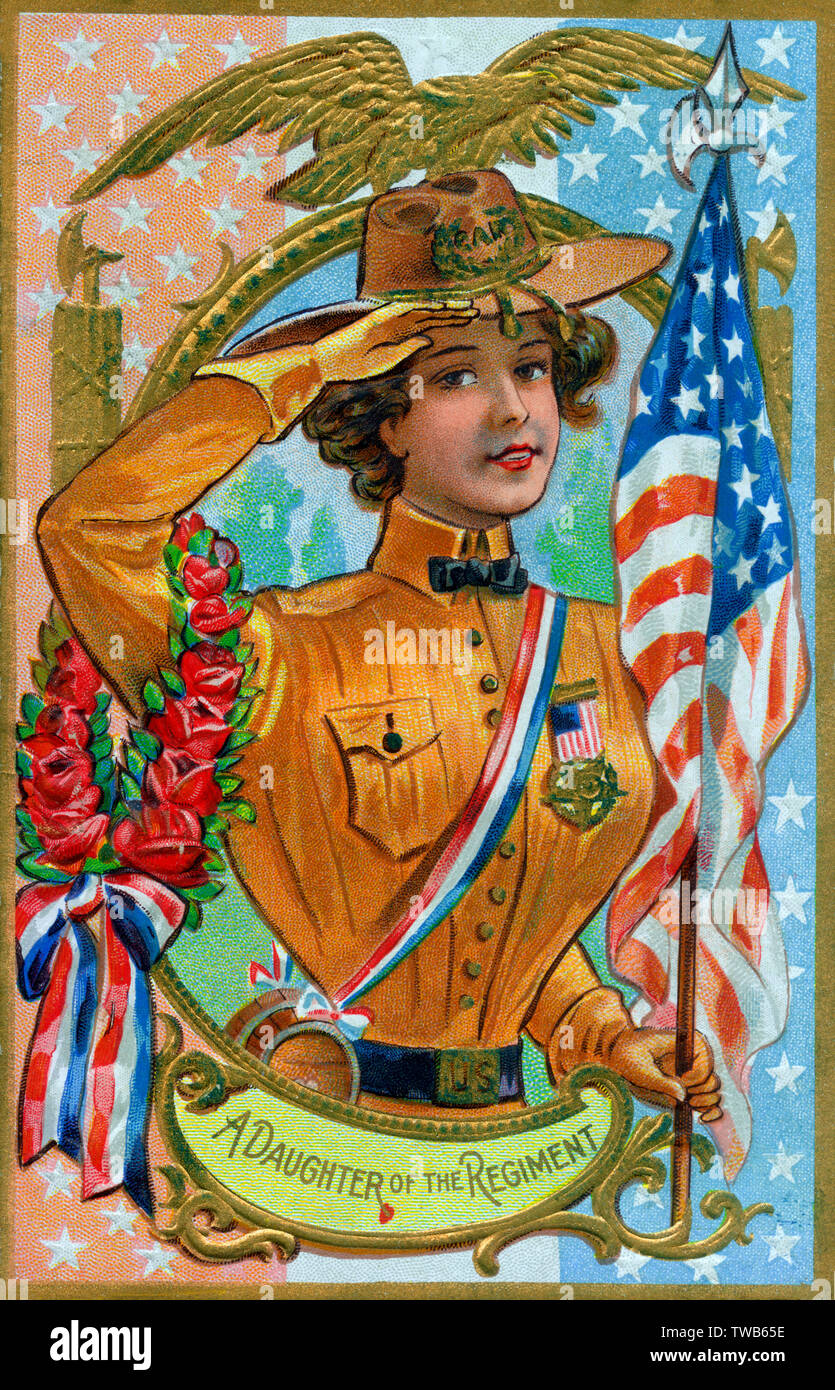 Die Tochter des Regiments - G.A.R.-Memorial oder Dekoration Tag - verzierte Postkarte. Die große Armee der Republik war eine brüderliche Organisation besteht aus Veteranen der Union Army (United States Army), Marine (U.S. Marine), Marines und der US-Einnahmen Cutter, der im Amerikanischen Bürgerkrieg serviert. Die G.A.R. wurde unter den ersten organisierten Interessenvertretungen in der amerikanischen Politik, die Stimmrechte für schwarze Veteranen, die Förderung der patriotischen Erziehung, Memorial Day ein nationaler Feiertag, Lobbyarbeit im Kongress der Vereinigten Staaten pen regelmäßige Veterans' zu schaffen Stockfoto