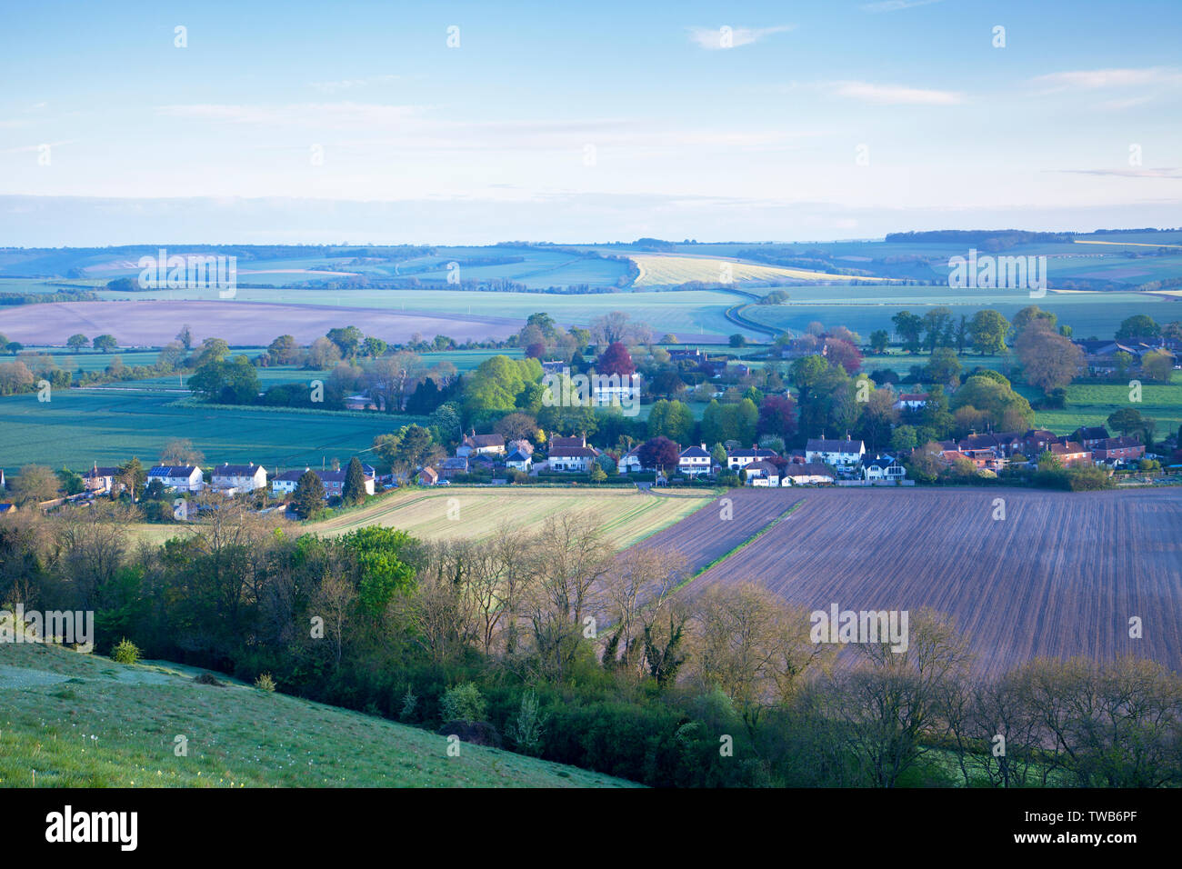 Das Dorf Bowerchalke in Wiltshire, betrachtet aus Marleycombe Hill. Stockfoto