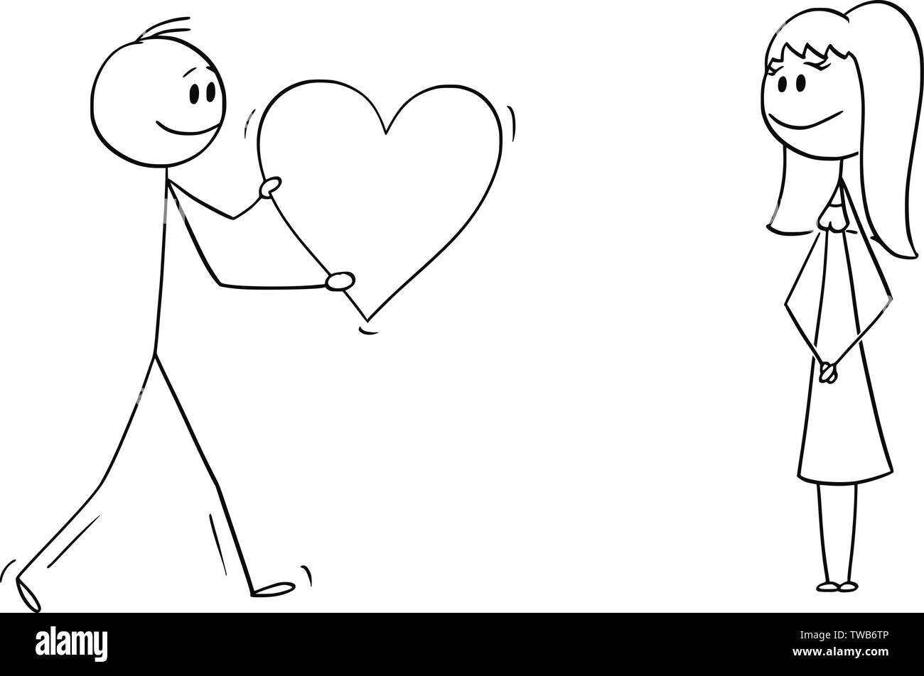 Vektor cartoon Strichmännchen Zeichnen konzeptionelle Darstellung der Mann oder Junge, romantische Herz zum Mädchen oder eine Frau auf dem Moor. Erklärung oder Bekenntnis der Liebe. Stock Vektor