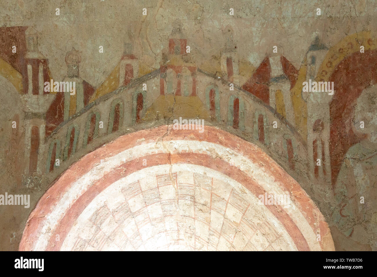 Mittelalterliche Fresken Kirche der Heiligen Maria, Kempley, Gloucestershire, England, UK-Palace towers Himmel Stockfoto