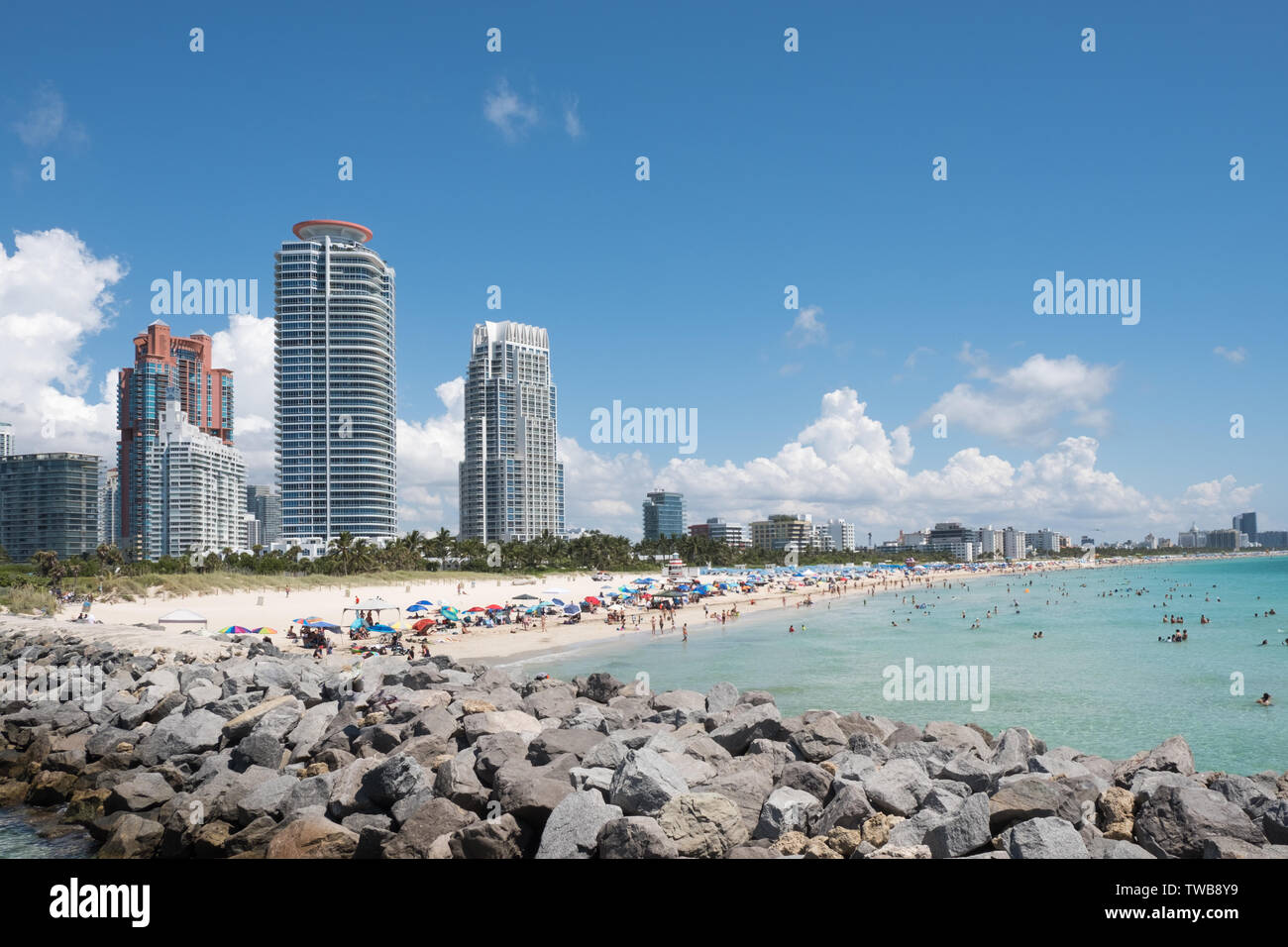 South Beach Skyline, aus South Pointe pier schoß, Miami Beach, Florida, USA Stockfoto