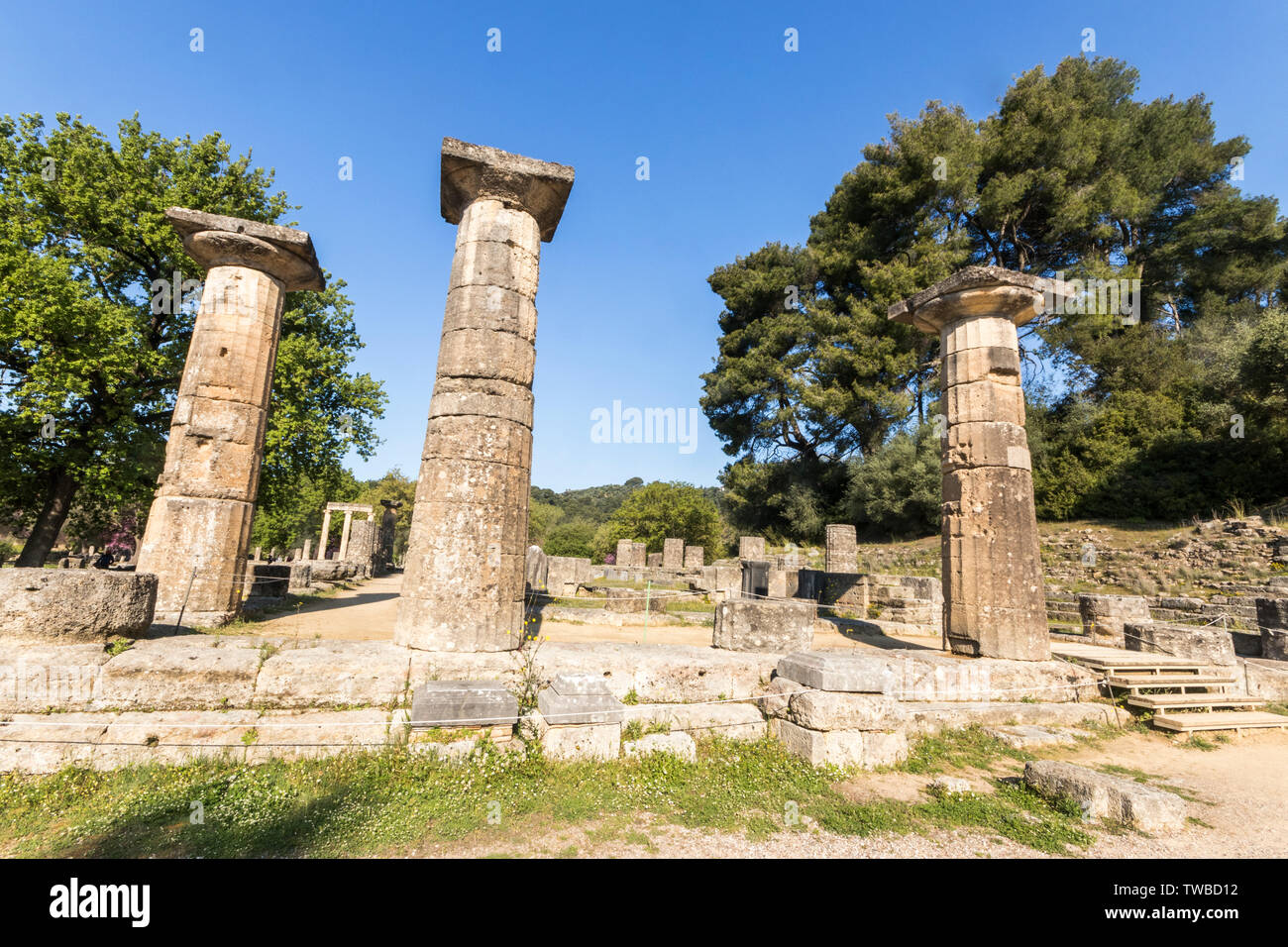 Olympia, Griechenland. Der Tempel der Hera, oder Heraion, einer alten archaischen griechischen Tempel, der Hera geweiht war, Königin der griechischen Götter Stockfoto