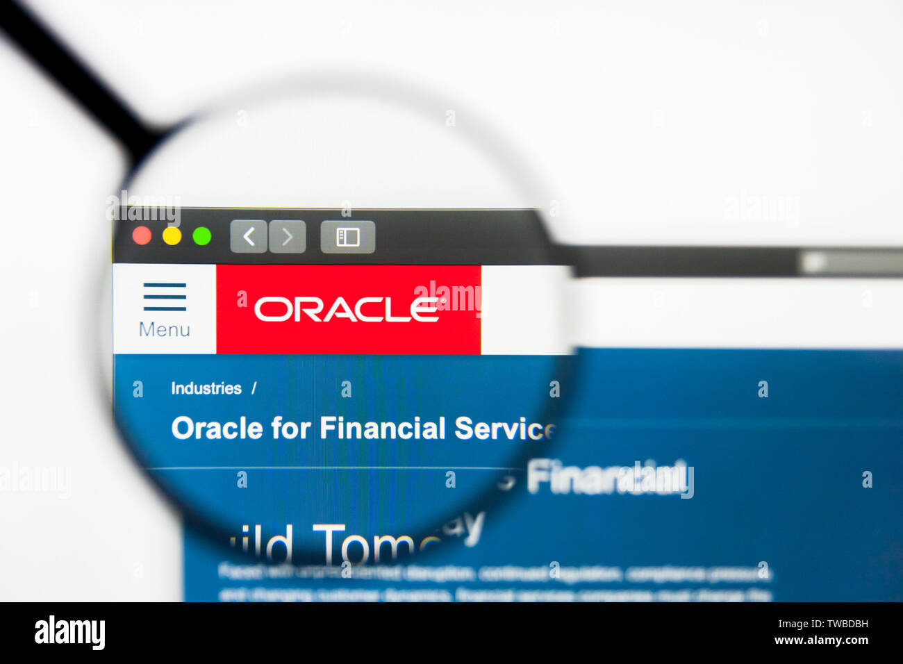 New York, New York State, USA - 18. Juni 2019: Illustrative Editorial von Oracle Financial Services Software Website Homepage. Oracle Financial Services Stockfoto