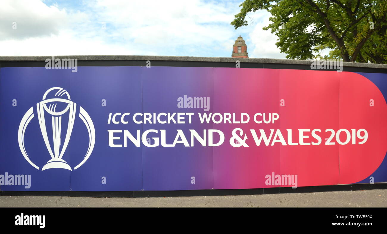 Beschilderung für das ICC Cricket World Cup 2019 in Lancashire Cricket Club, Old Trafford, Manchester. Die 2019 International Cricket Council (ICC) Cricket World Cup wird von England und Wales von Mai 30. bis 14. Juli 2019. Sechs Spiele werden im Old Trafford, Manchester, mehr als an jedem anderen Ort. Stockfoto