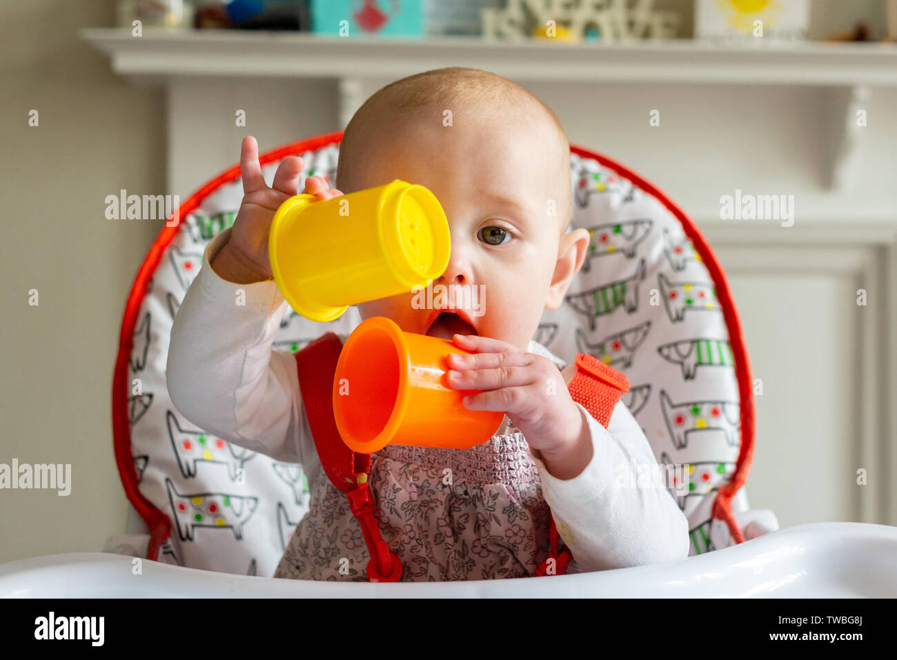 Junge Kind im Hochstuhl spielen mit farbigen Schalen sitzen. Stockfoto