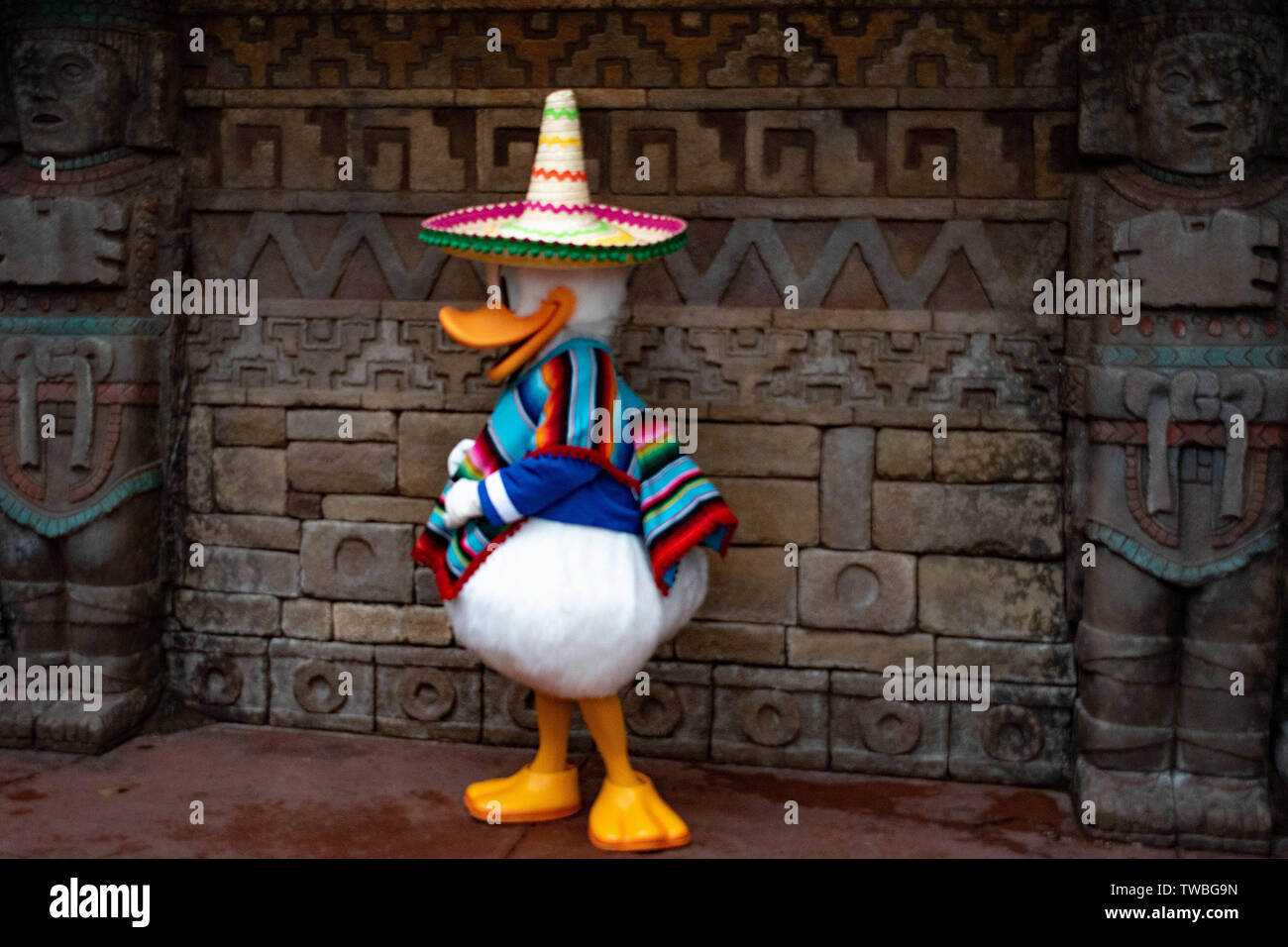Orlando, Florida. Am 16. Mai. 2019. Donald Duck in Mexikanische Kleidung in Epcot Stockfoto