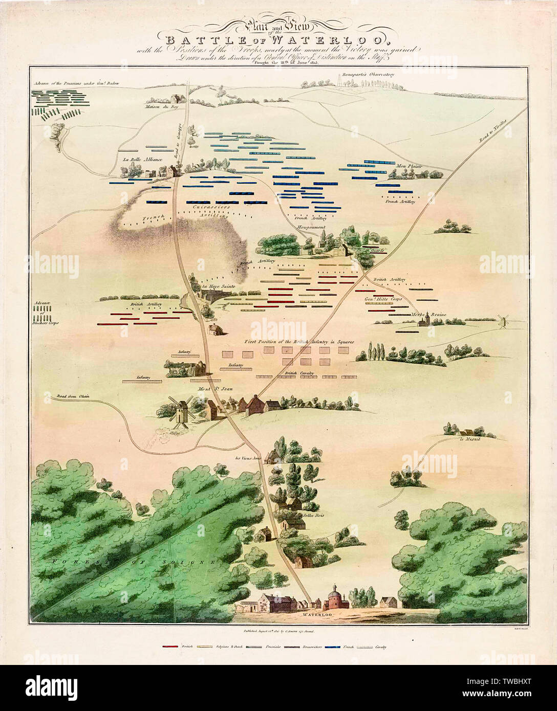 Karte und Blick auf die Schlacht von Waterloo, Drucken, 1815 Stockfoto