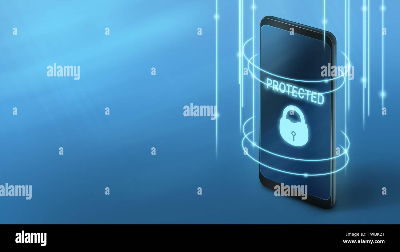 Speichern Sie Ihr Gerät. Geschützte Telefon mit neon auf dem Bildschirm sperren, Panorama, Kopie Raum Stockfoto