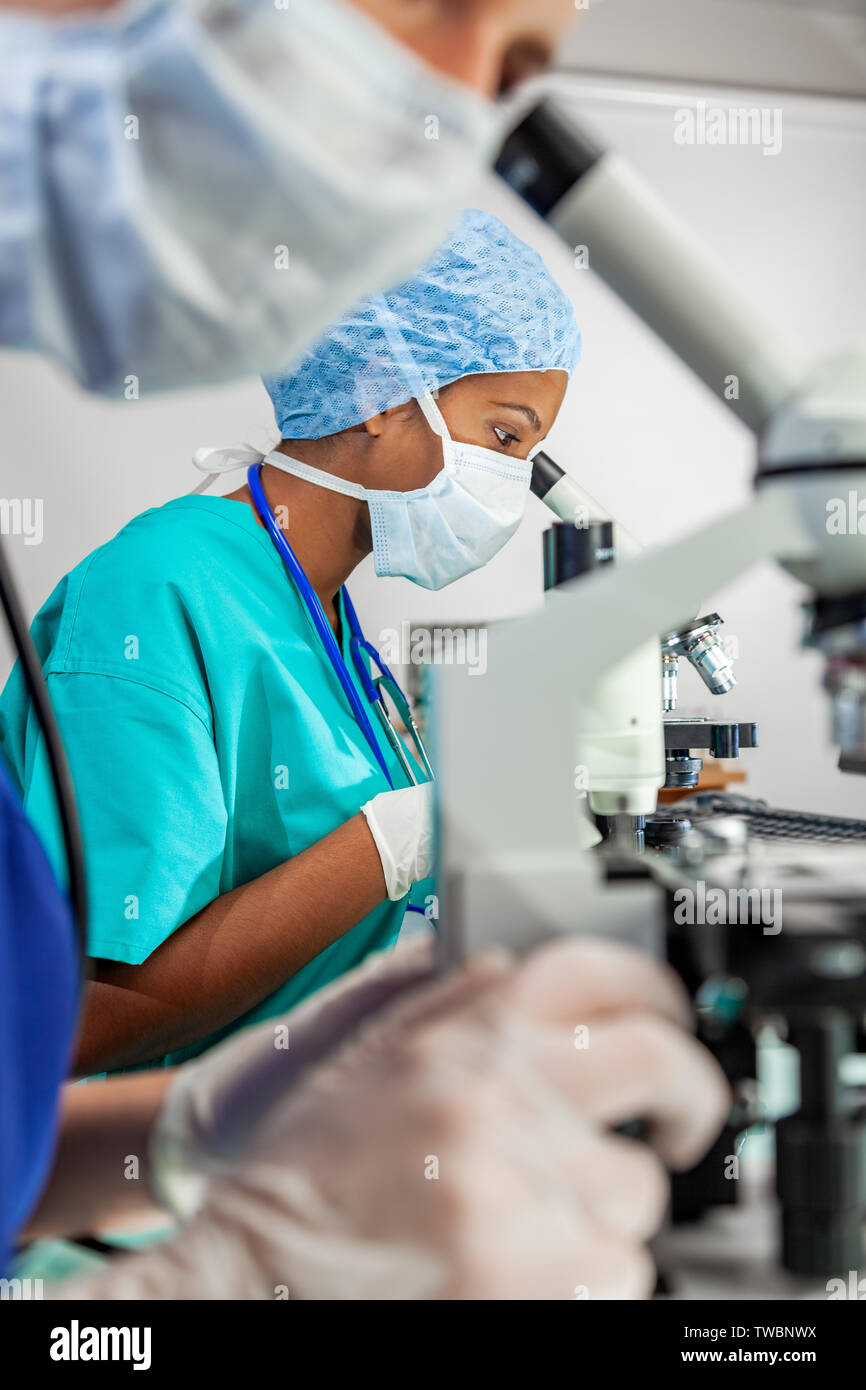 Asiatische indische weibliche medizinische oder Wissenschaftler mit einem Mikroskop in einem Forschungslabor oder Labor mit ihrem Kollegen Stockfoto