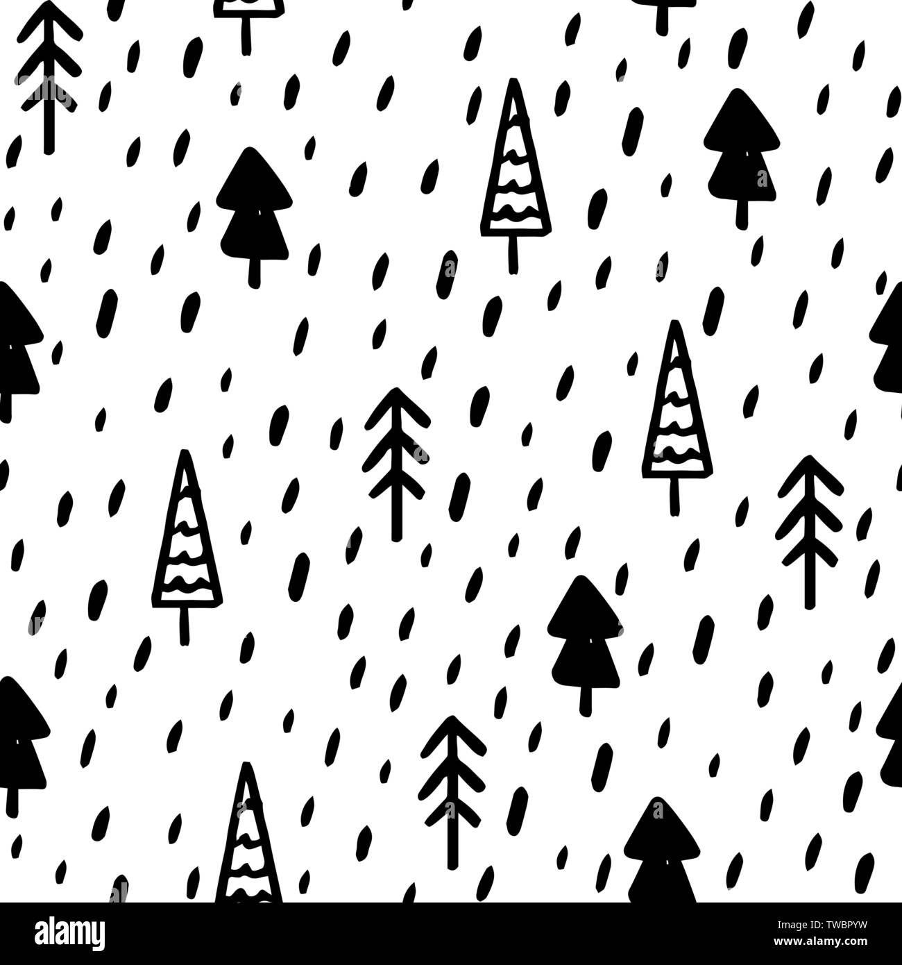 Hand zeichnen Weihnachtsbaum nahtlose Muster in Doodle Stil. Vektor Monochrome endlose Hintergrund der Weihnachtsbäume und Polka Dot auf weißem Bac isoliert Stock Vektor