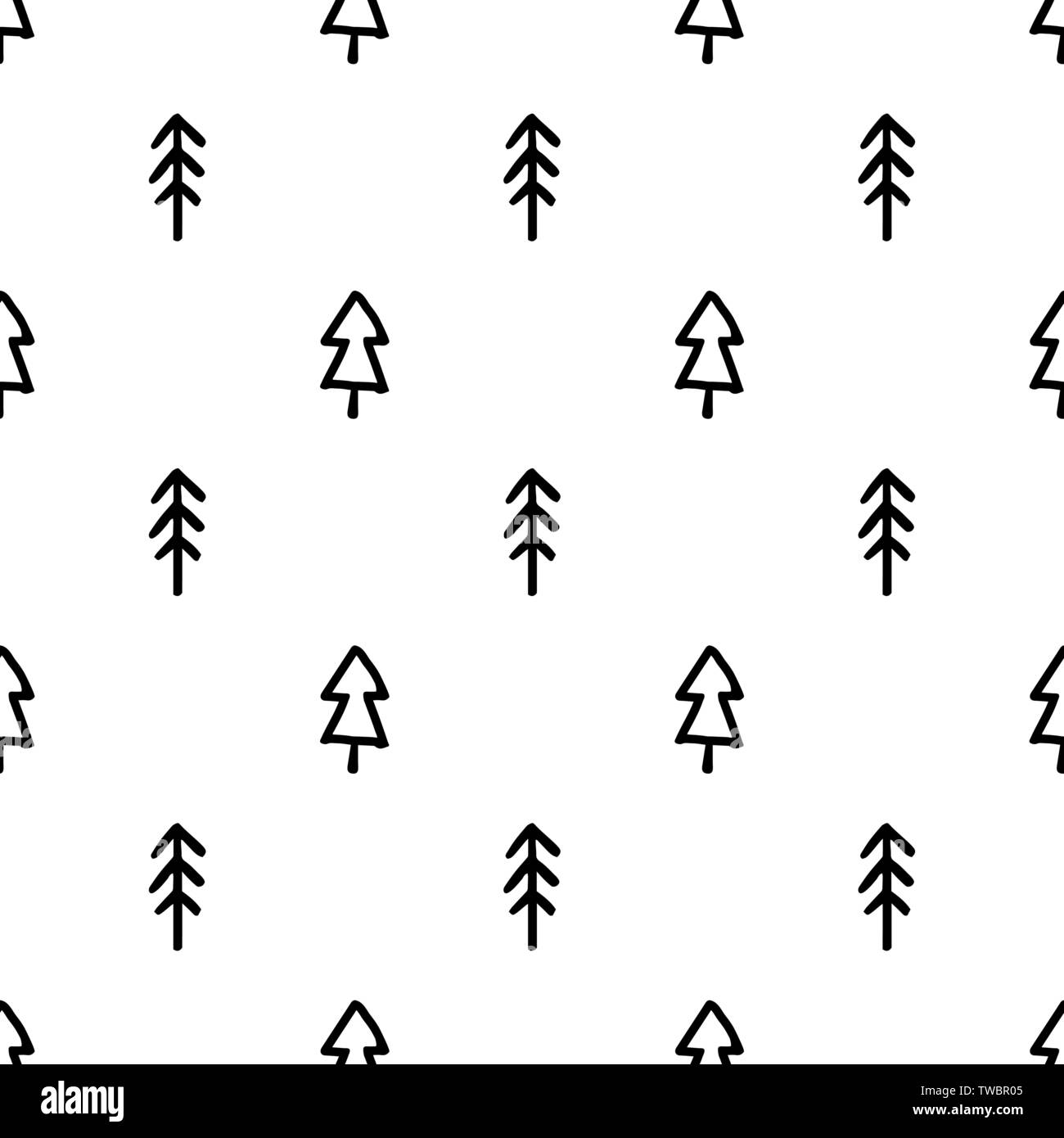 Hand zeichnen Weihnachtsbaum nahtlose Muster in Doodle Stil. Vektor Monochrome endlose Hintergrund der Weihnachtsbäume isoliert auf weißem Hintergrund. Vorl. Stock Vektor