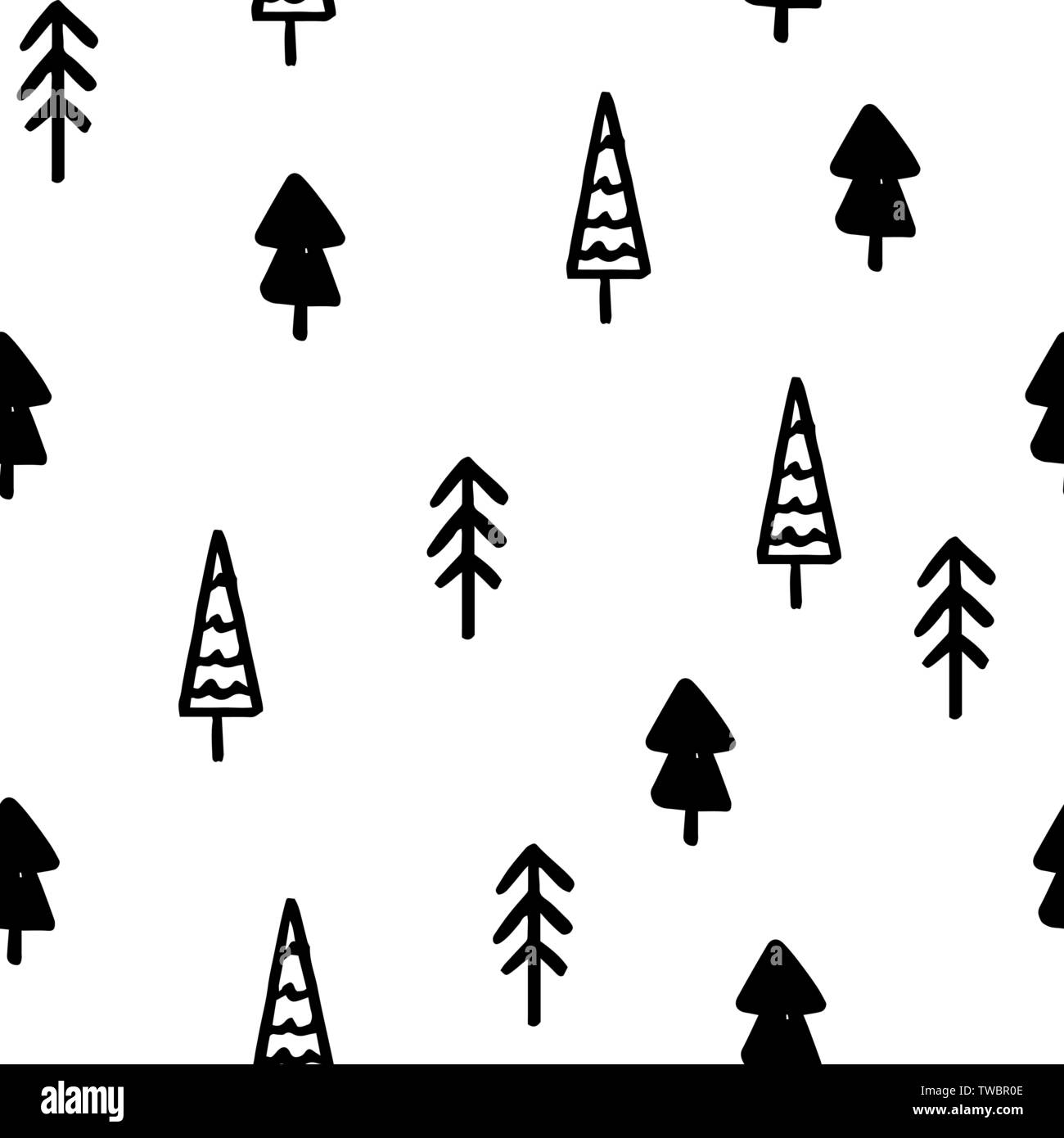 Hand zeichnen Weihnachtsbaum nahtlose Muster in Doodle Stil. Vektor Monochrome endlose Hintergrund der Weihnachtsbäume isoliert auf weißem Hintergrund. Vorl. Stock Vektor
