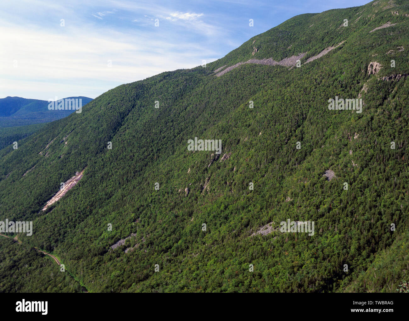 Crawford Notch vom Mount Willard in den White Mountains, New Hampshire. Mount Willey können auf der rechten Seite gesehen werden. Die Route der alten Maine Central Rai Stockfoto