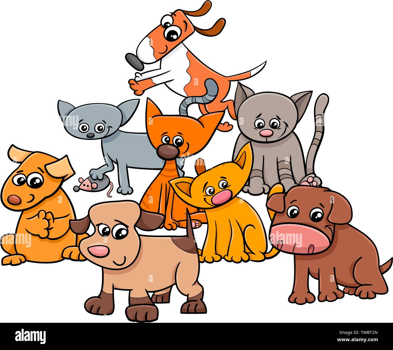 Cartoon Illustration von Kätzchen und Welpen Haustiere Tier Zeichen Gruppe Stock Vektor