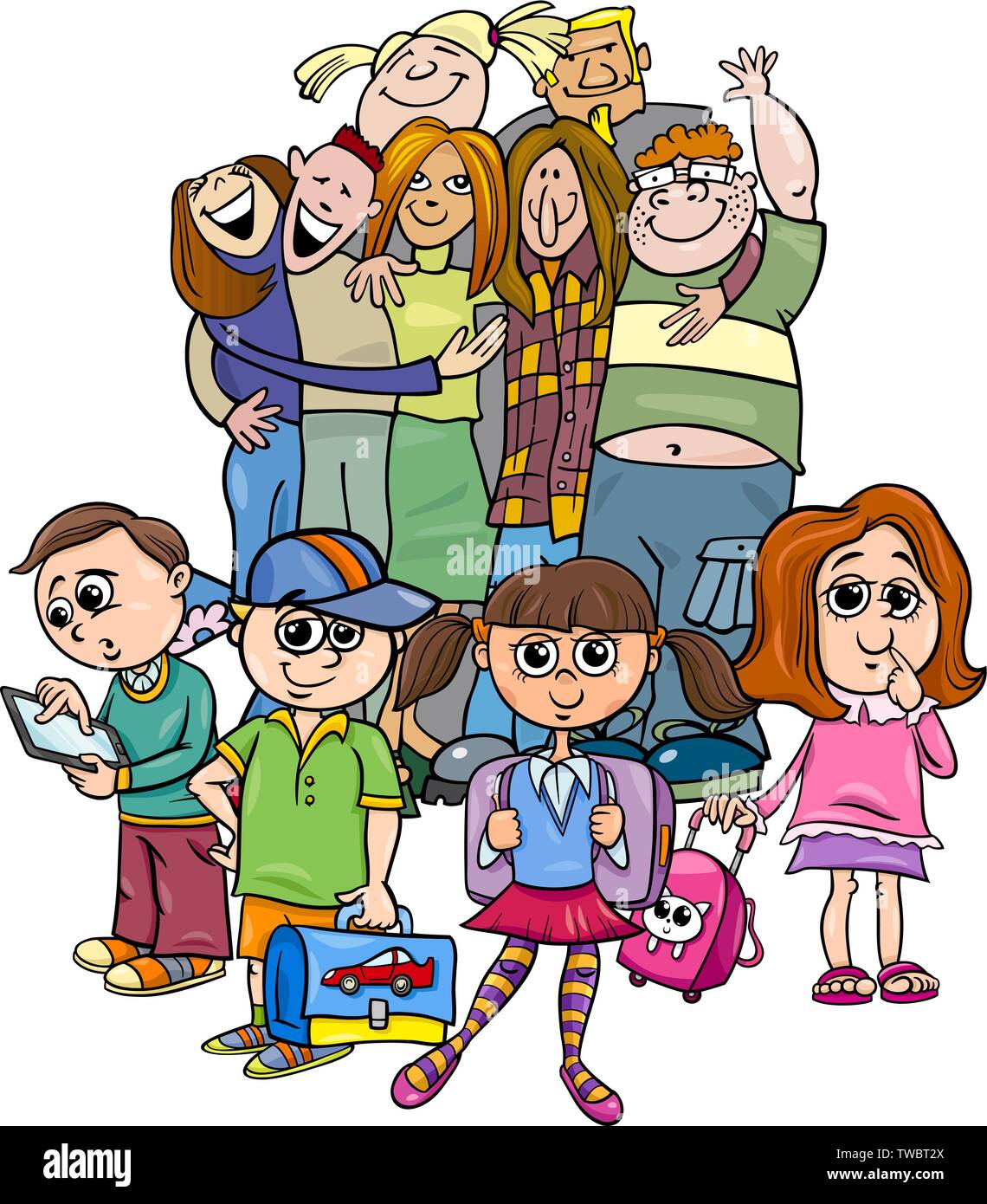 Cartoon Illustration der Grundschulkinder und Jugendliche Zeichen Gruppe Stock Vektor