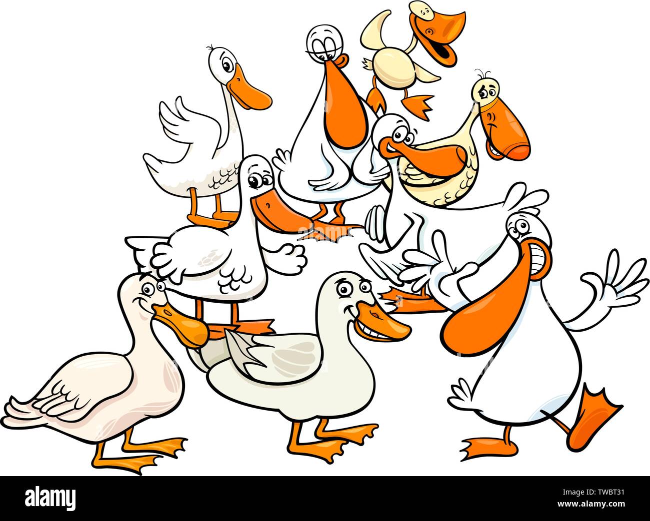 Cartoon Illustration der lustige Enten Vögel Farm Animal Zeichen Gruppe Stock Vektor