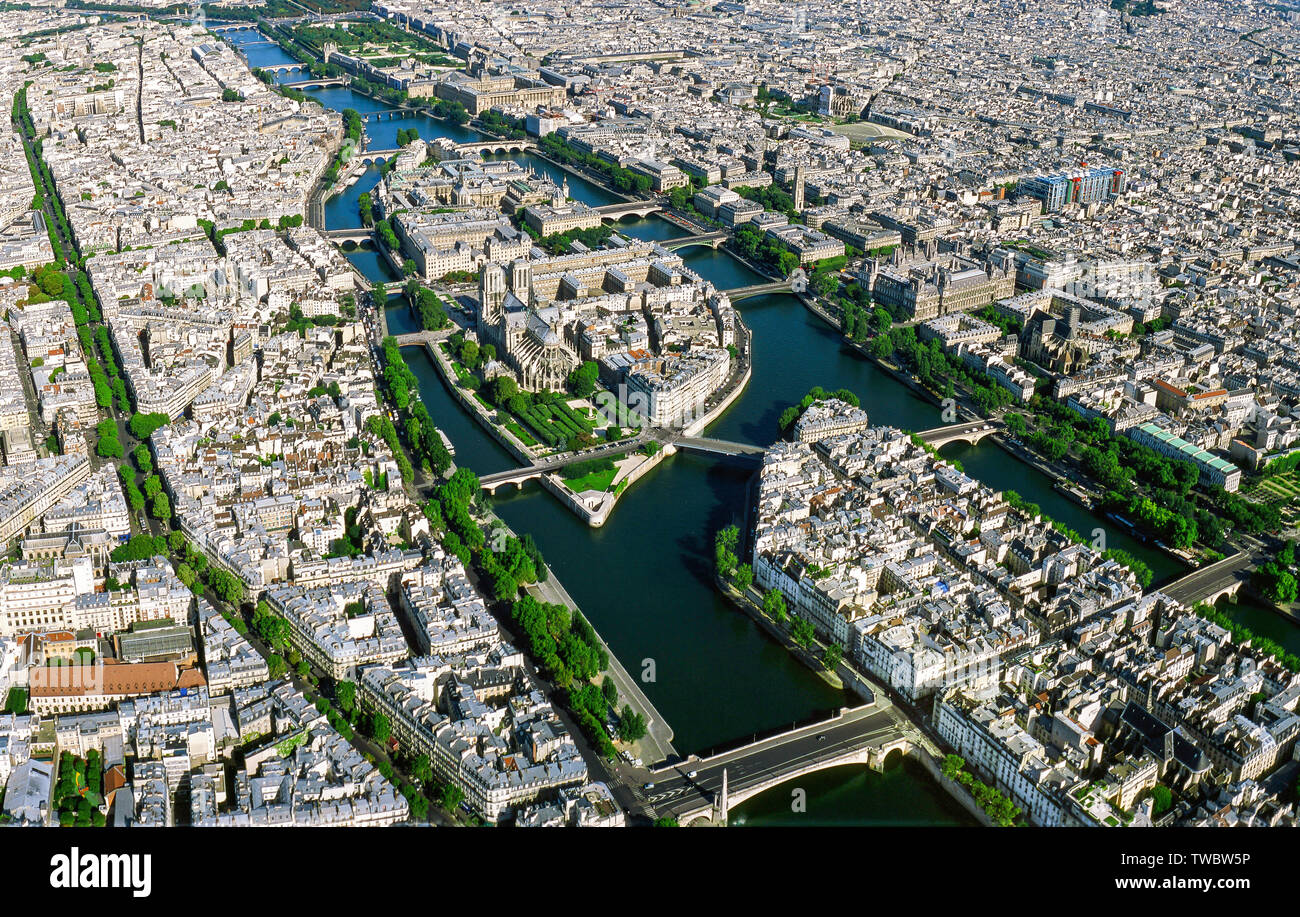 Panorama Antenne von Paris Île de la Cité mit der Kathedrale Notre-Dame, Frankreich Stockfoto