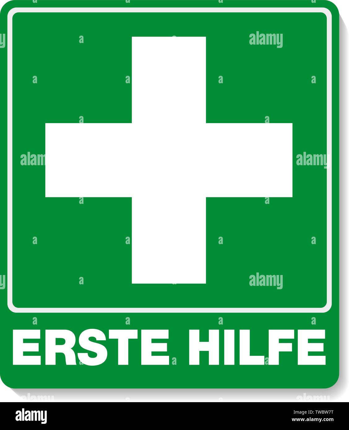 Grüne ERSTE HILFE Schild mit deutschen Worten, ERSTE HILFE und Kreuz Symbol Stock Vektor