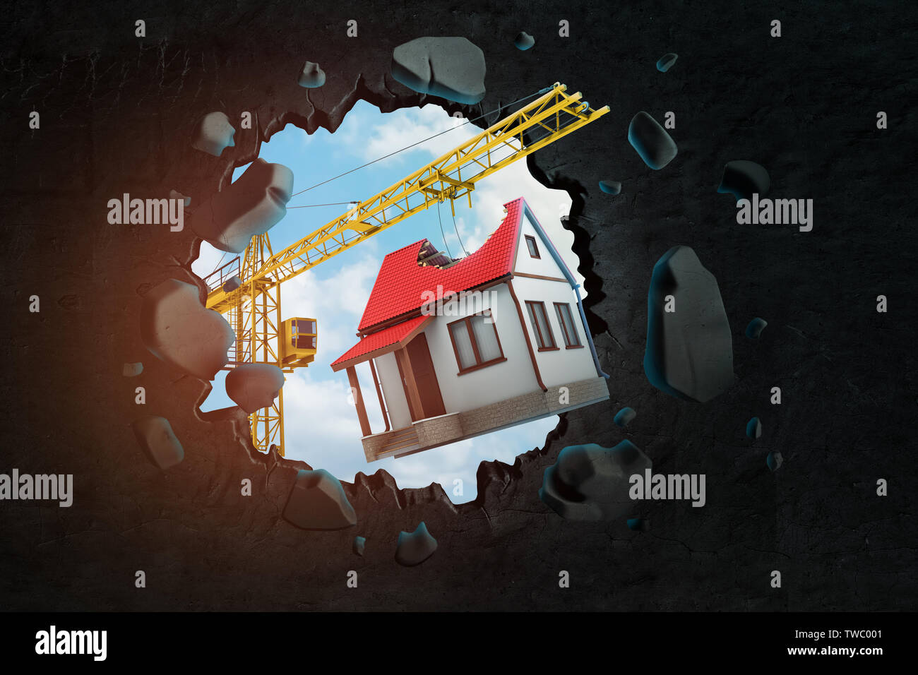 3D-Rendering von Bau kran und weißes Haus mit rotem Dach gebrochen durch die Lücke in der schwarzen Wand gesehen. Digitale Kunst Bau und Konstruktion. Objekt Stockfoto