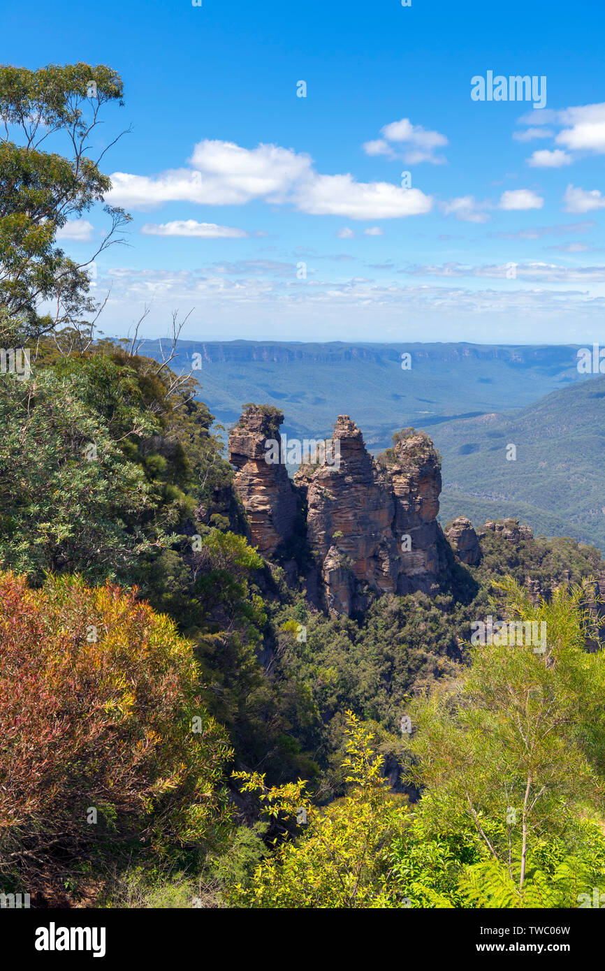 Die drei Schwestern vom Aussichtspunkt am Echo Point, Blue Mountains, Katoomba, New South Wales, Australien Stockfoto