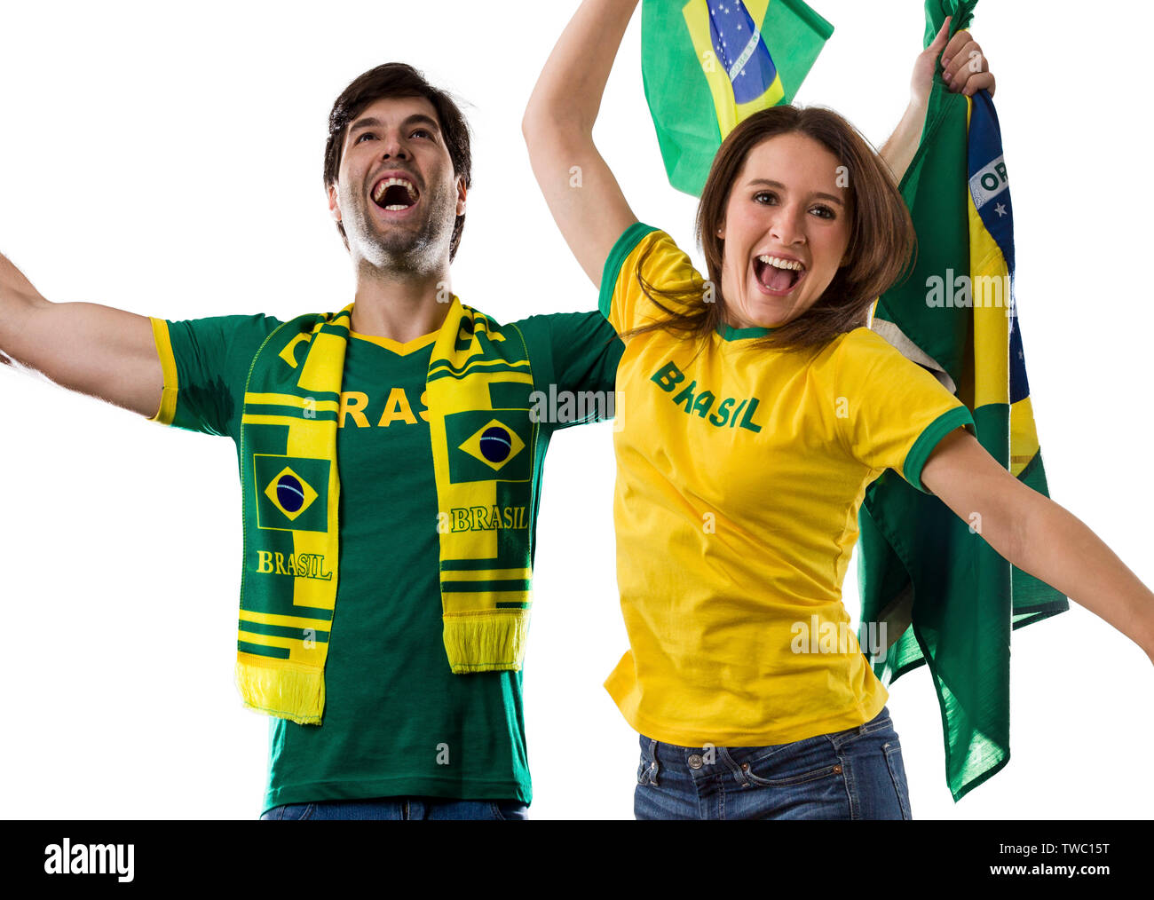 Brasilianische paar Feiern auf einem weißen Hintergrund. Stockfoto